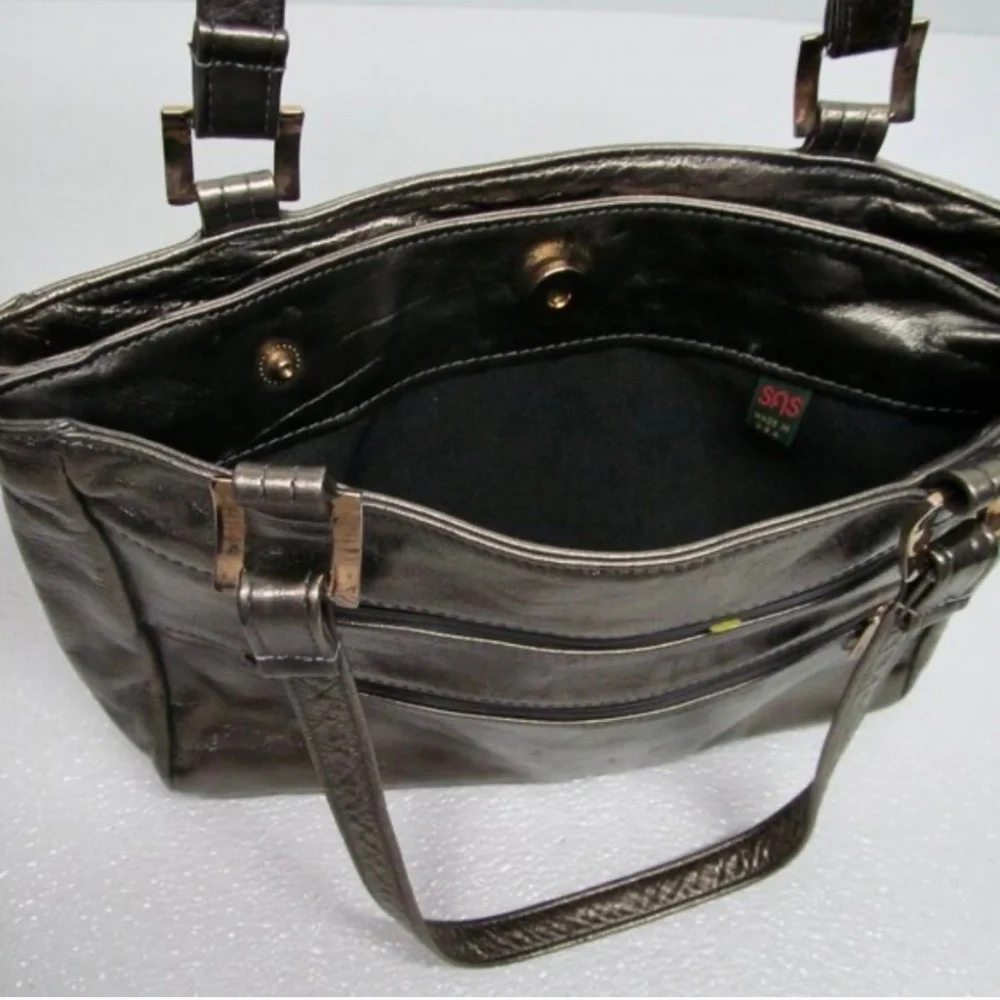 Vintage SAS Leather Purse Metallic Pewter Double Shoulder Straps Snap Zip Close